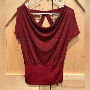 Short sleeve dark red sparkle criss cross back beautiful top for the holidays